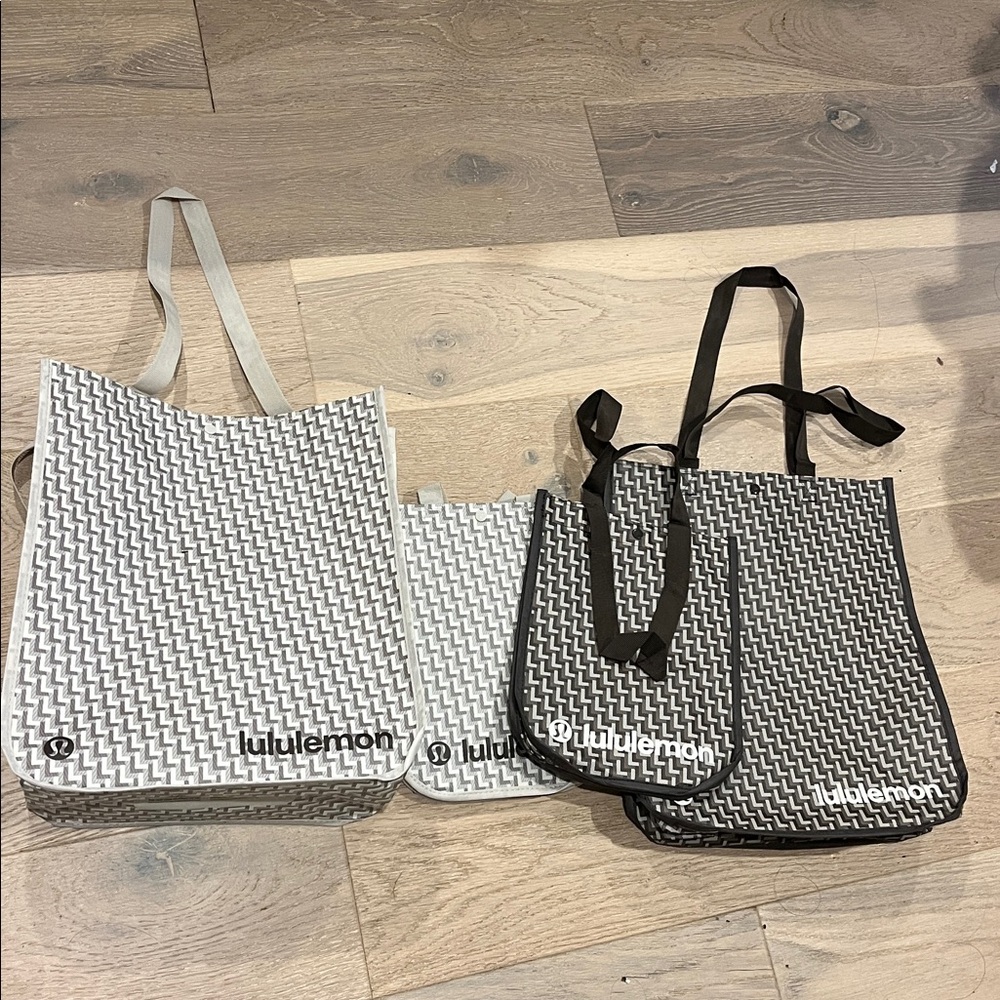 4 Lululemon reusable Gray, Blackish Brown & cream Tote Bags Set 2 small 2 large
